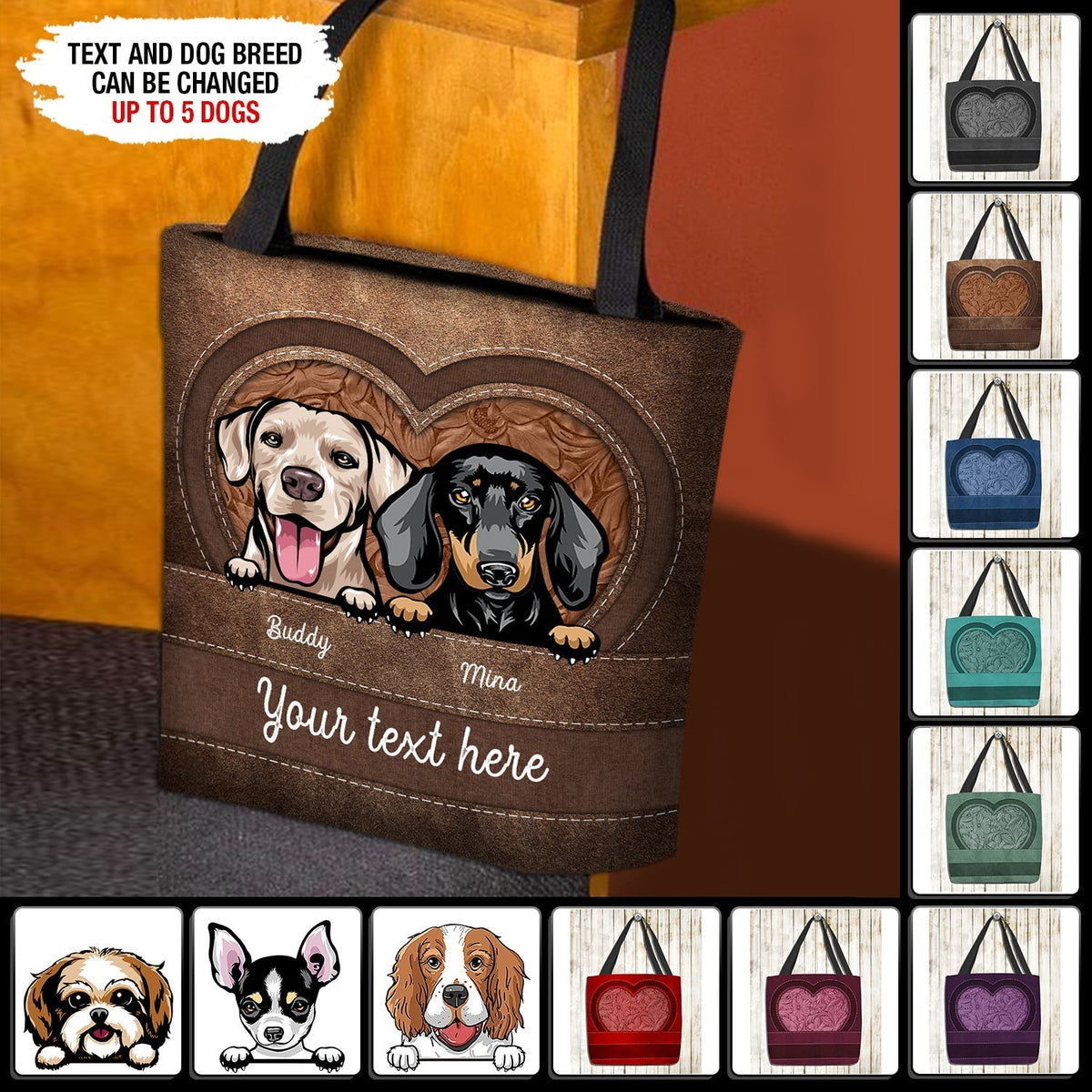 Heart Shape Colorful Dog Personalized All Over Tote Bag, Personalized Gift for Dog Lovers, Dog Dad, Dog Mom - TO150PS02