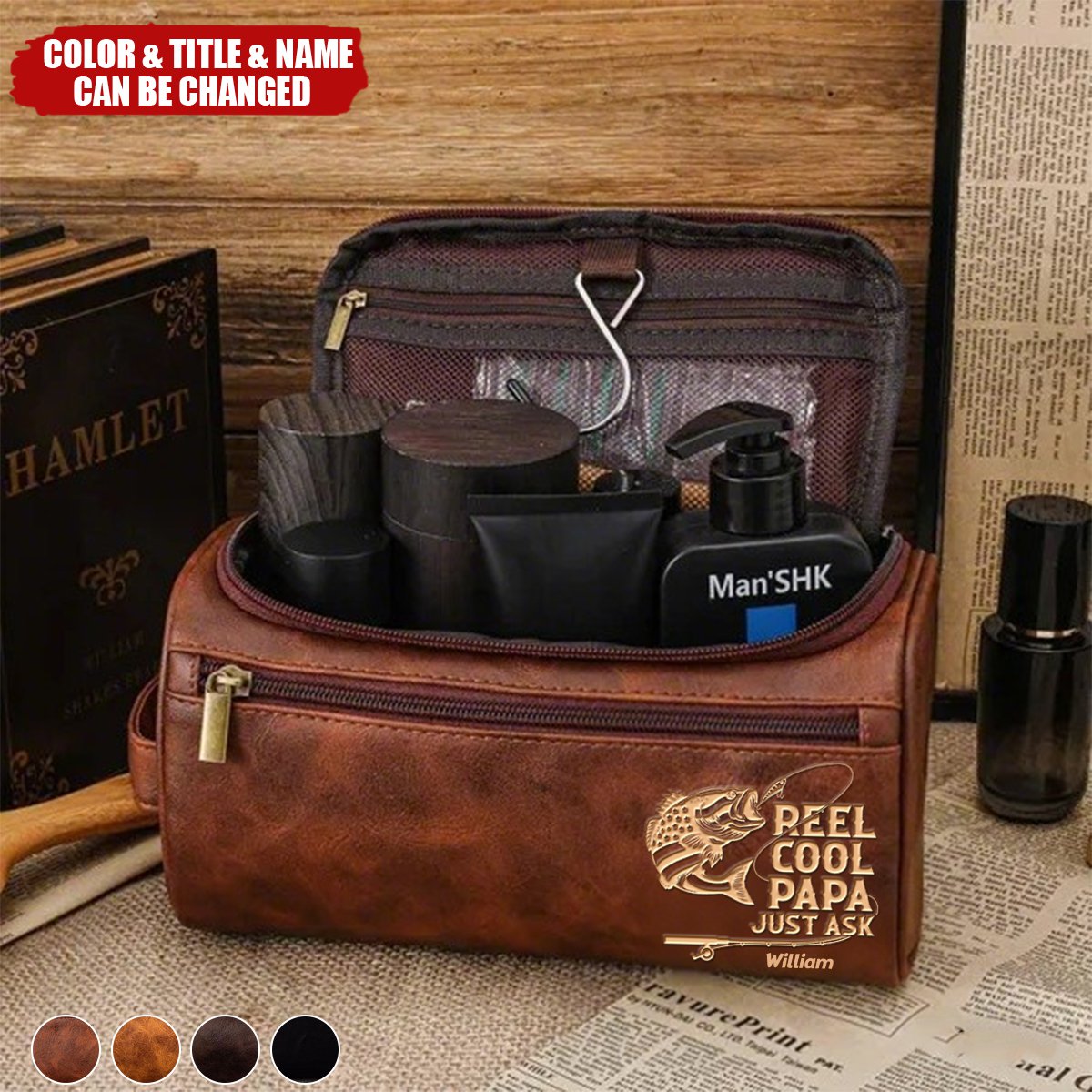 Fishing Dad Leather Toiletry Bag - Personalized Gifts For Dad